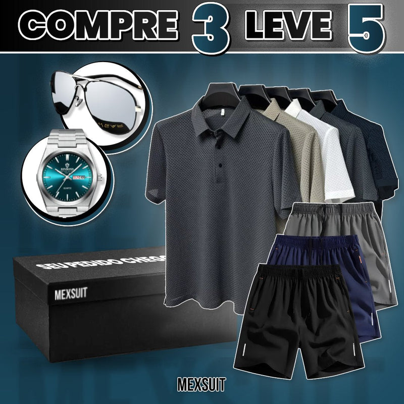 [COMPRE 3 LEVE 5] Kit Camisas Polo de Seda Gelo Vegas + BRINDE: 3 Bermudas, Óculos e Relógio